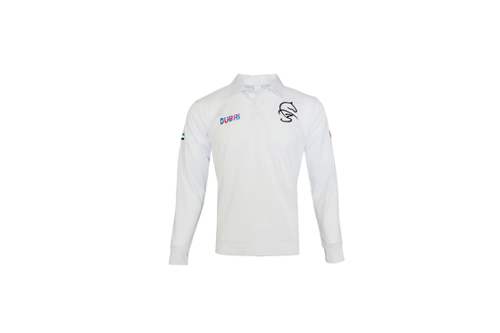 180GSM Lapel Collar Men White Long Sleeve T Shirt With Buttons And Embroidery
